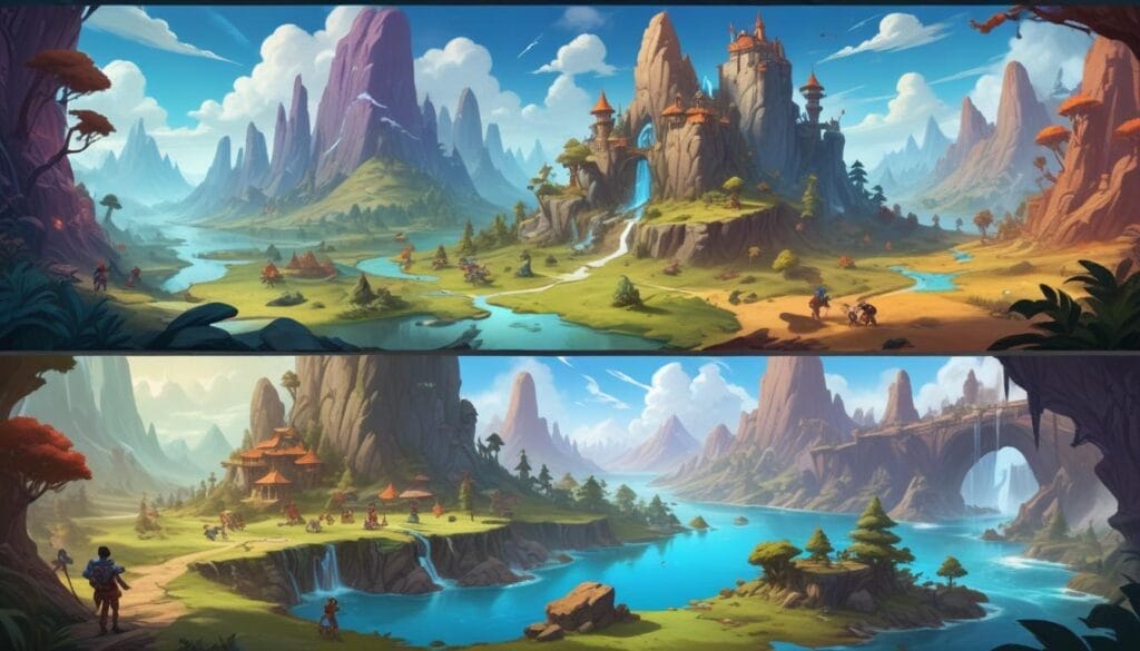 Designing Games for Different Age Groups: A split screen showing four panels. Top-left: Bright cartoonish game scene for preschoolers. Top-right: Adventurous fantasy scene for children. Bottom-left: Futuristic competitive online game interface for teens. Bottom-right: Realistic detailed historical strategy map for adults. Style: Diverse illustrative styles per panel.