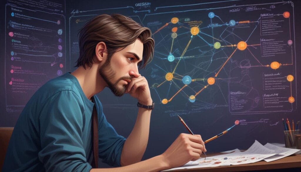 Designing Games for Different Age Groups: A game designer looking thoughtfully at a complex flowchart connecting game mechanics narrative branches and player choices representing the challenge of balancing complexity for adult games. Style: Realistic illustration focus on thoughtful expression.
