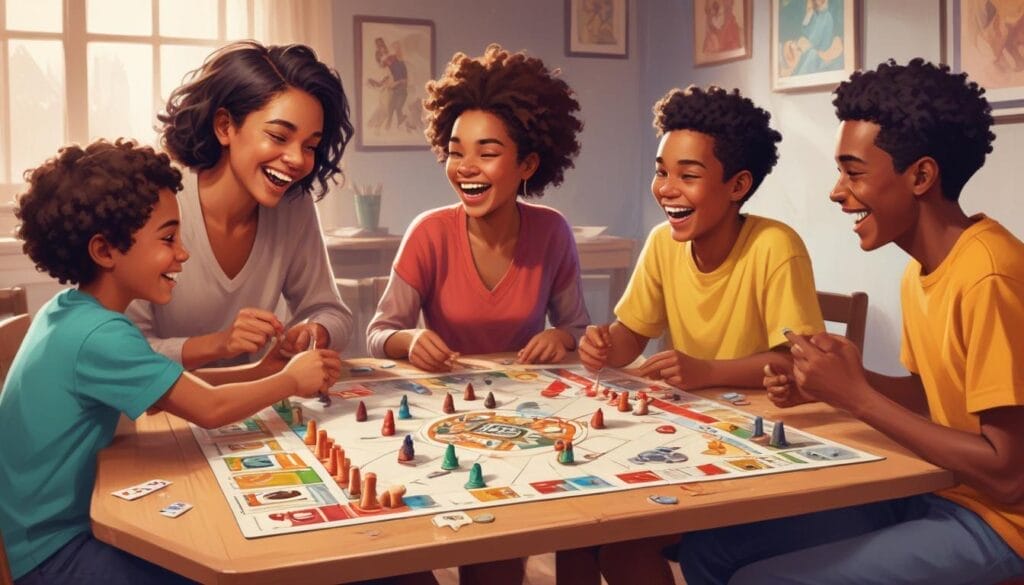 Designing Games for Different Age Groups: A diverse group of people (children teens adults) laughing together around a table playing a complex cooperative board game representing successful social interaction through play. Style: Warm inviting illustration that enhances usability in the game concept.