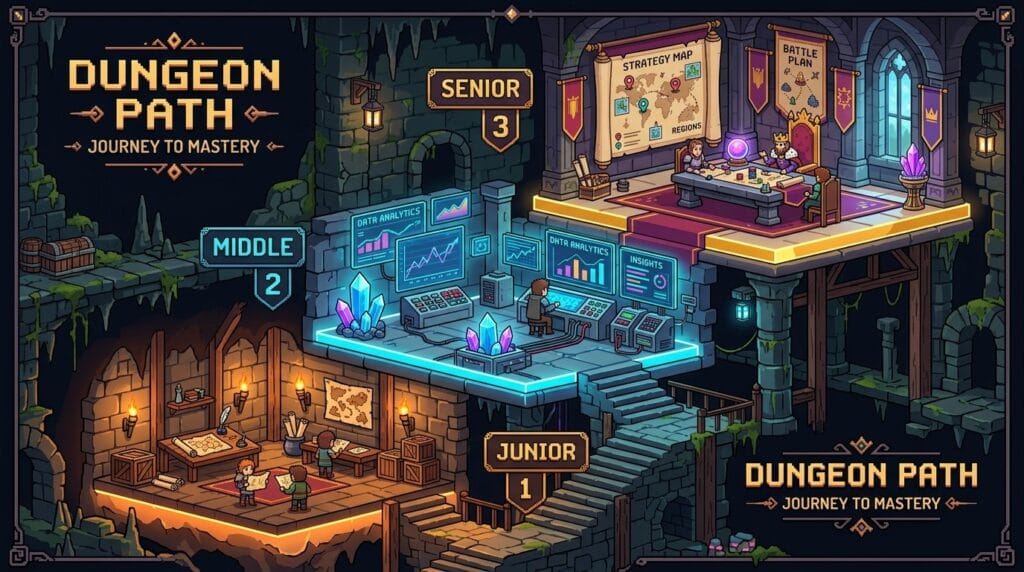 game designer career roadmap "Game designer career path illustrated as three dungeon levels from Junior to Senior"
