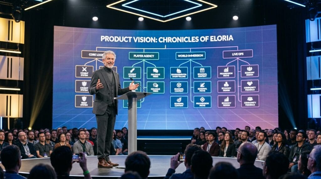 game designer career roadmap  "Senior game designer presenting product vision at an industry conference"