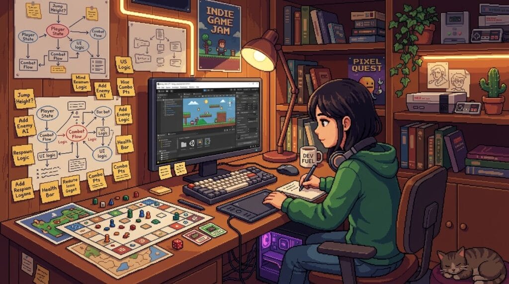 game designer career roadmap "Junior game designer workspace with paper prototypes and design documents"

