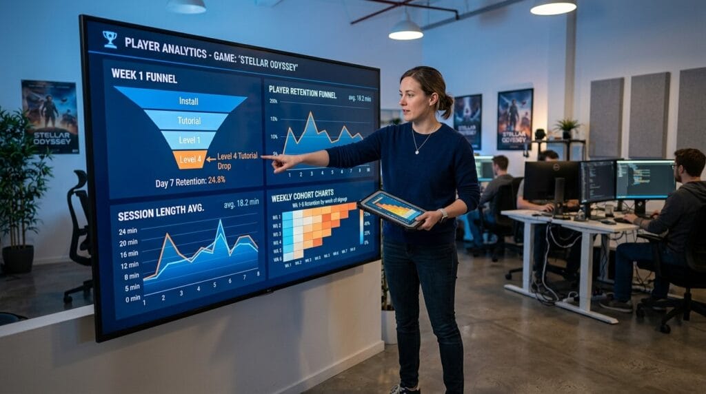 game designer career roadmap Middle game designer analyzing player analytics data on a studio dashboard"
