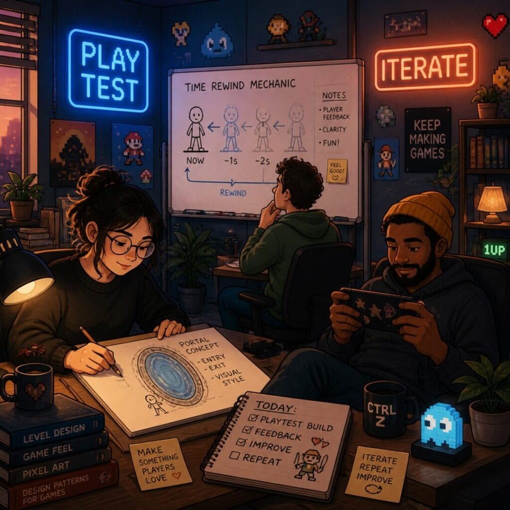  Indie developers creating unique game mechanics in a cozy studio &mdash; real stories from the creative process.
