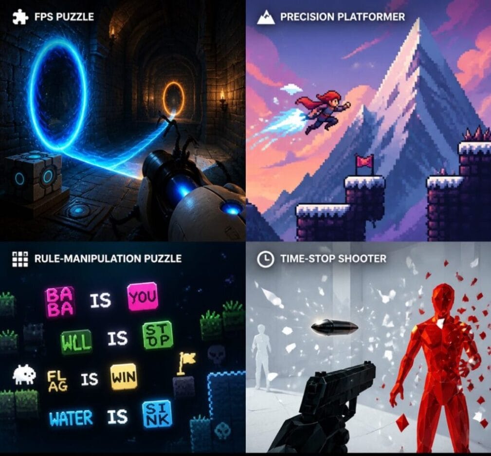 Unique game mechanics by genre &mdash; FPS portals, dash platformers, rule manipulation, time-freeze shooters